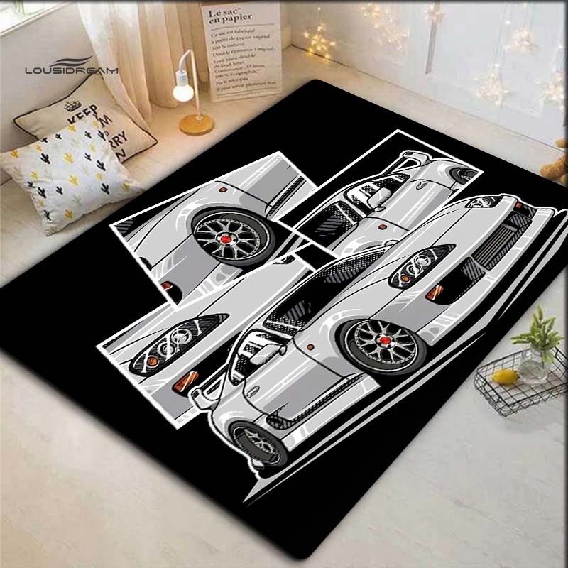 Белый ковер с принтом-коллажем из комиксов JDM Sport Car, нескользящий прямоугольный коврик для пола, декор для вентилятора автомобиля для игровой комнаты, гостиной, спальни