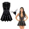 Black Women Ladies Leather High Collar Sleeveless Bottom Flare Mini Dress Clubwear #S-4XL