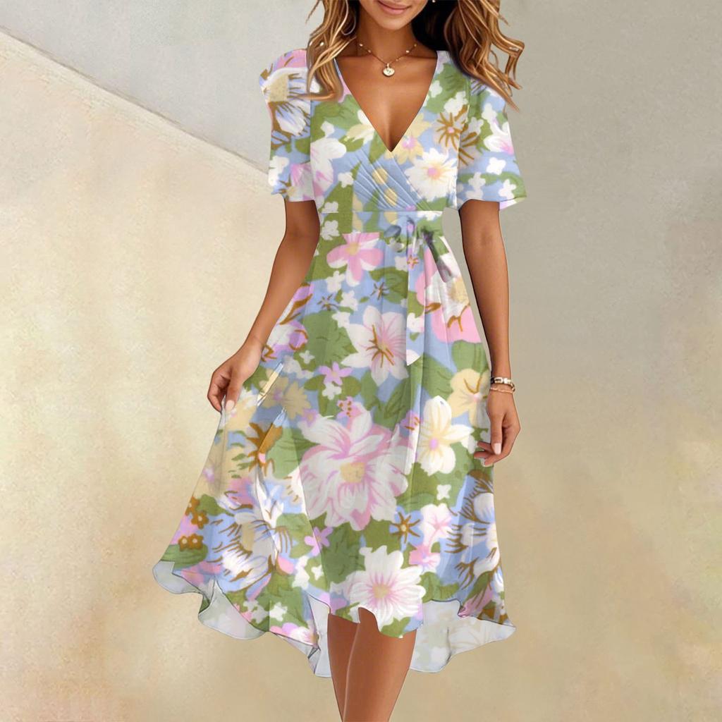 Women's Summer Fashion V-Neck Flared Dress Short Sleeve Floral Dresses