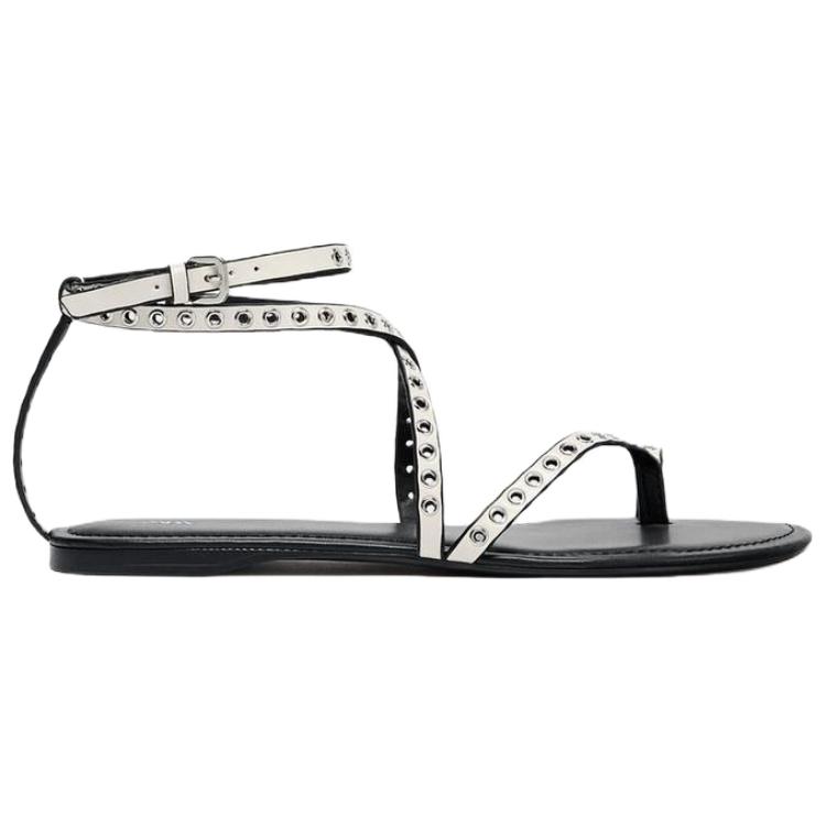 Zara Pu Open Toe Fashion Studded Flat One Strap Sandals 1Cm Women Sandals White 1618510001