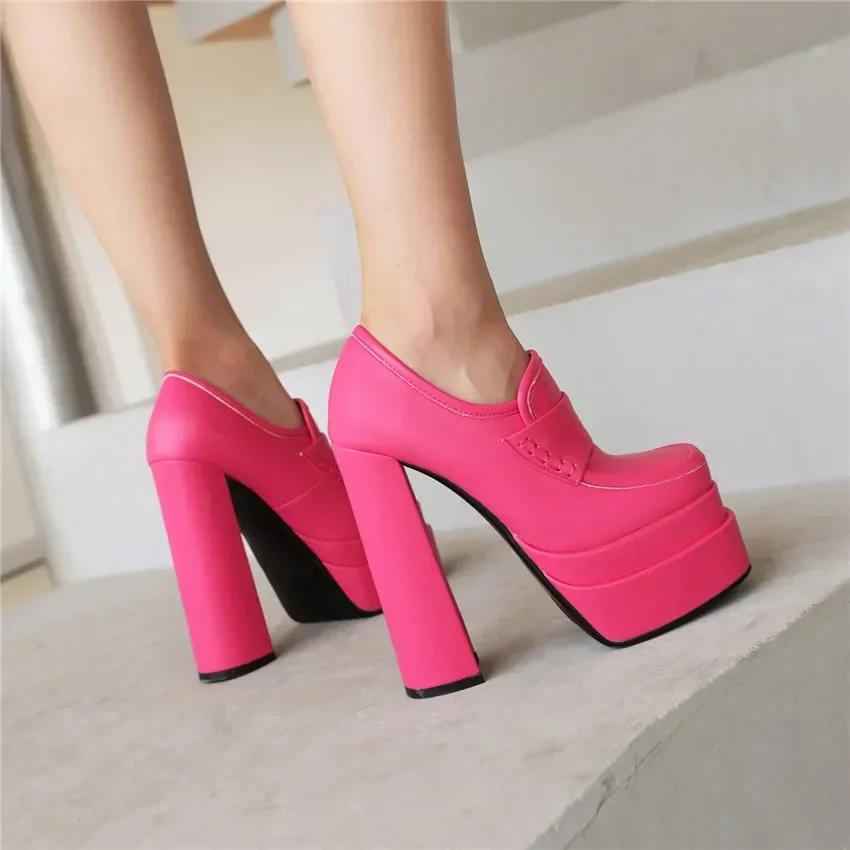 Women High Chunky Heel Platform Loafers Rosy Pink White Microfiber Party Club Lady Slip-on Square Toe British Thick Bottom Pumps