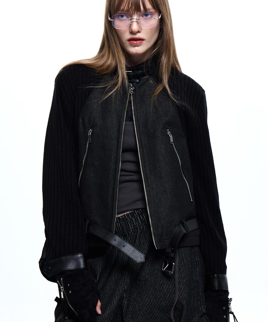Rssc Knit & Denim Belted Biker Jacket - Black