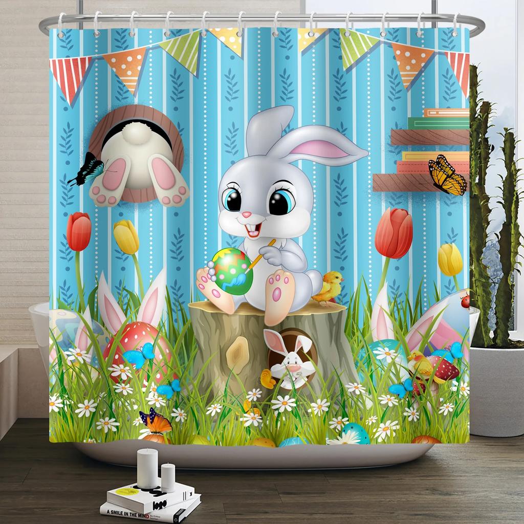 Весенняя Пасхальная Занавеска для душа Счастливый Кролик Кролик Яйца Цветочный Сад Цветочный Праздничный Водонепроницаемая Занавеска для душа для ванной комнаты с крючками