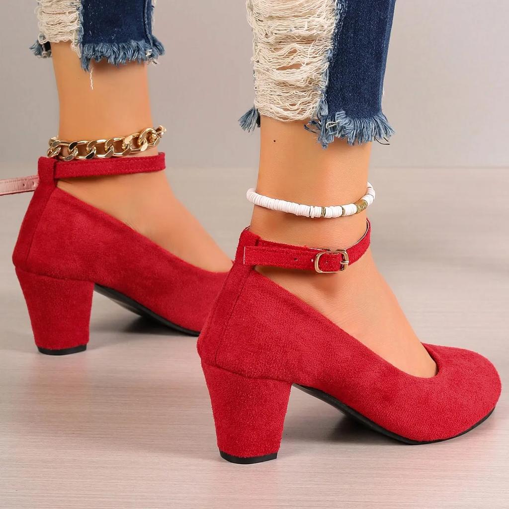 Женские модные туфли-лодочки Sweet Woman на толстом высоком каблуке с ремешком на щиколотке из флока, женские туфли на платформе Mary Jane Women OL Shoes Женская обувь