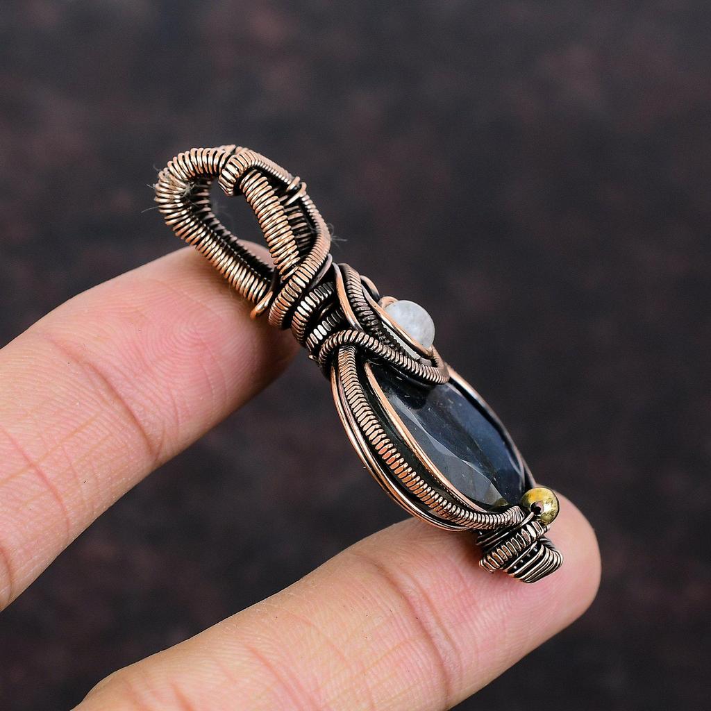 Подвеска из граненого лабрадорита, подвеска из медной проволоки, подвеска из лунного камня, ювелирные изделия из меди ручной работы, помолвочный подарок, ювелирные изделия из драгоценных камней в виде проволоки