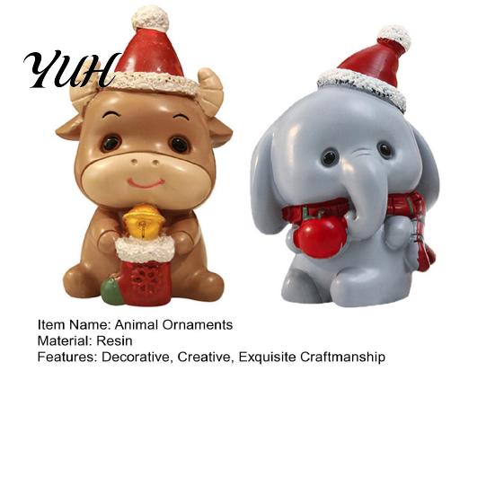 Decorative Animal Figures Resin Cow/Elephant Figurines with Santa Hats, Christmas Ornaments, Holiday Home Decorations Cute Desktop Decoration