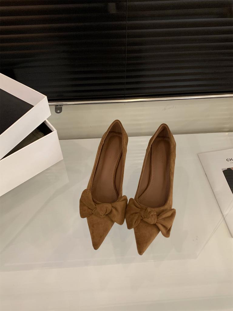 Niche French Black High Heels Women's Shoes 2025 New Spring and Autumn Temperament Suede Bow Pointed Single Shoes