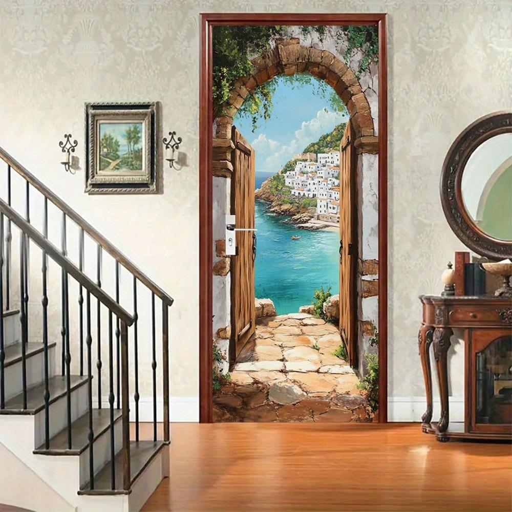 Дверные наклейки в тематике голубого океана с дизайном каменной арки и обоями с средиземноморским пейзажем, подходящие для домашнего декора.