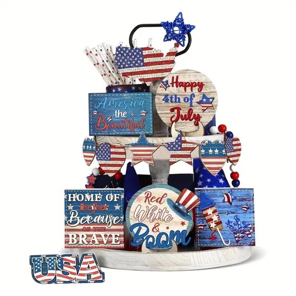 Tiered Tray Decor Wood Patriotic Decorations Independence Day Star Small Sign Gnome Firework Table Decor Red White Blue