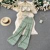 Women Summer Knitted Set Halter Short Tops+ Hollow Wide Leg Long Pants Sets Shell Beach Sexy Backless Two Piece Suits
