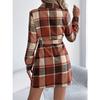 HNXC Повседневное клетчатое шерстяное платье-рубашка с длинным рукавом и шнуровкой для женщин