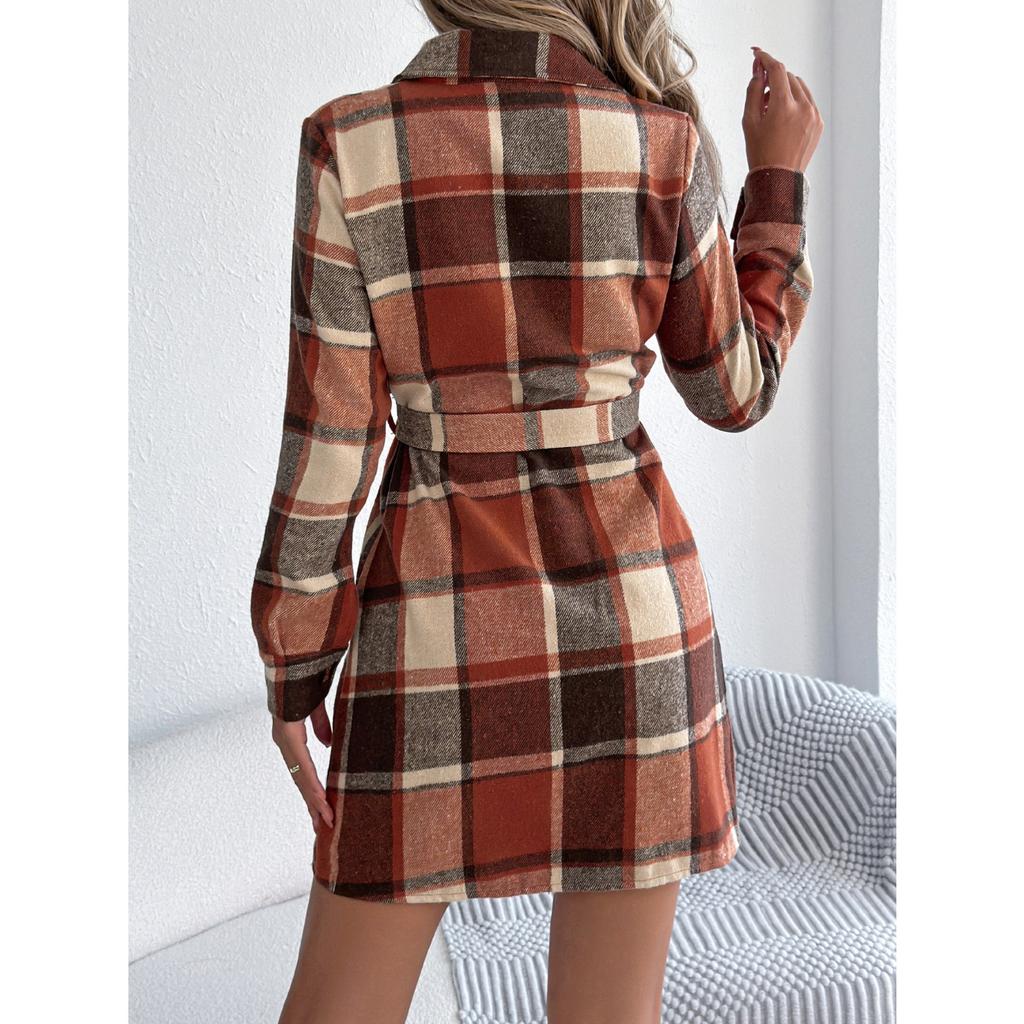 HNXC Повседневное клетчатое шерстяное платье-рубашка с длинным рукавом и шнуровкой для женщин