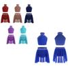 Kids Girls Sparkly Rhinestones Dance Outfit Halter Neck Sleeveless Backless Cross Back Vest with Ruched Irregular Skirt