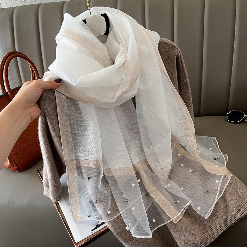 Spring/Summer Comfortable Imitation Silk Print Wraps Elegant Breathable Beaded Scarf for Women Casual Classic Breathable Shawl