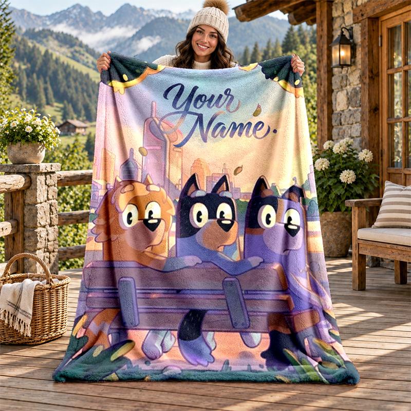 Bluey Custom Name Flannel Blanket Personalized Soft Warm Plush Throw Blanket Customized Gift for Family Friends