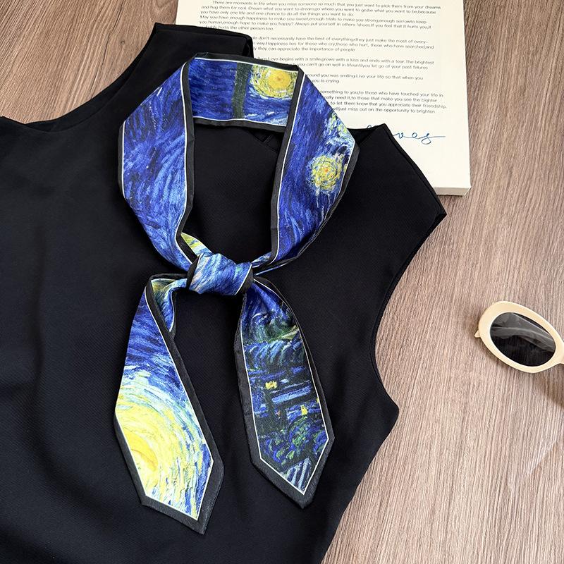 Silk Scarf Long Strip High Sense Spring and Summer Versatile Oil Painting Headscarf Headband Tied Bag Streamer Decorative Scarf Multi-purpose Belt