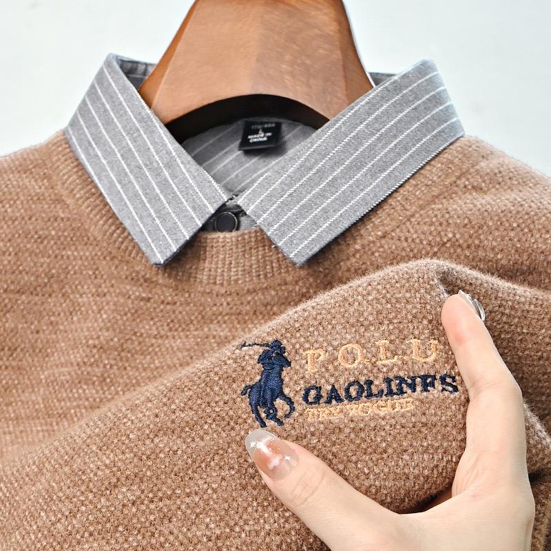 TrendHub Дизайнерское Качество Мужской Лацкан Поддельный Двойка Длинный Рукав Новая Вышивка Футболка Мода Бизнес Мужская Одежда