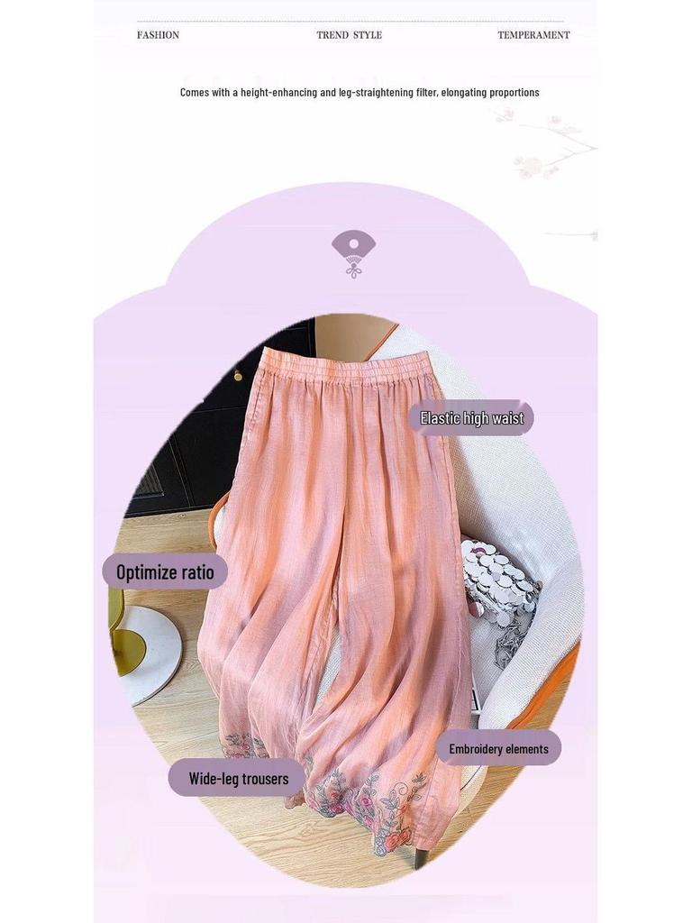 Женские зеленые вышитые хлопково-льняные брюки широкие - Коллекция Лето 2024