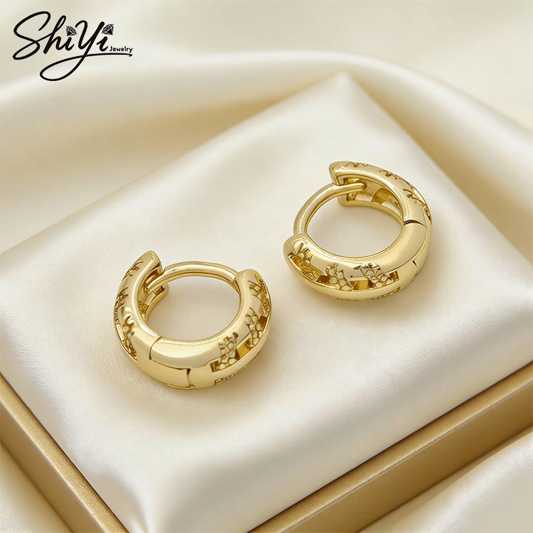 14K Gold Plated Brass Trendy Geometric Chunky Huggie Hoop Earrings Openwork Hammered Textured Unisex Daily Wear Party Fashion