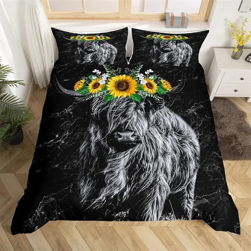 Пододеяльник Хайлендский скот Бык Подсолнух Корова Постельное белье Королева Для мальчиков Мужчин Микрофибра Дикая природа Фермерский дом Животное Покрывало