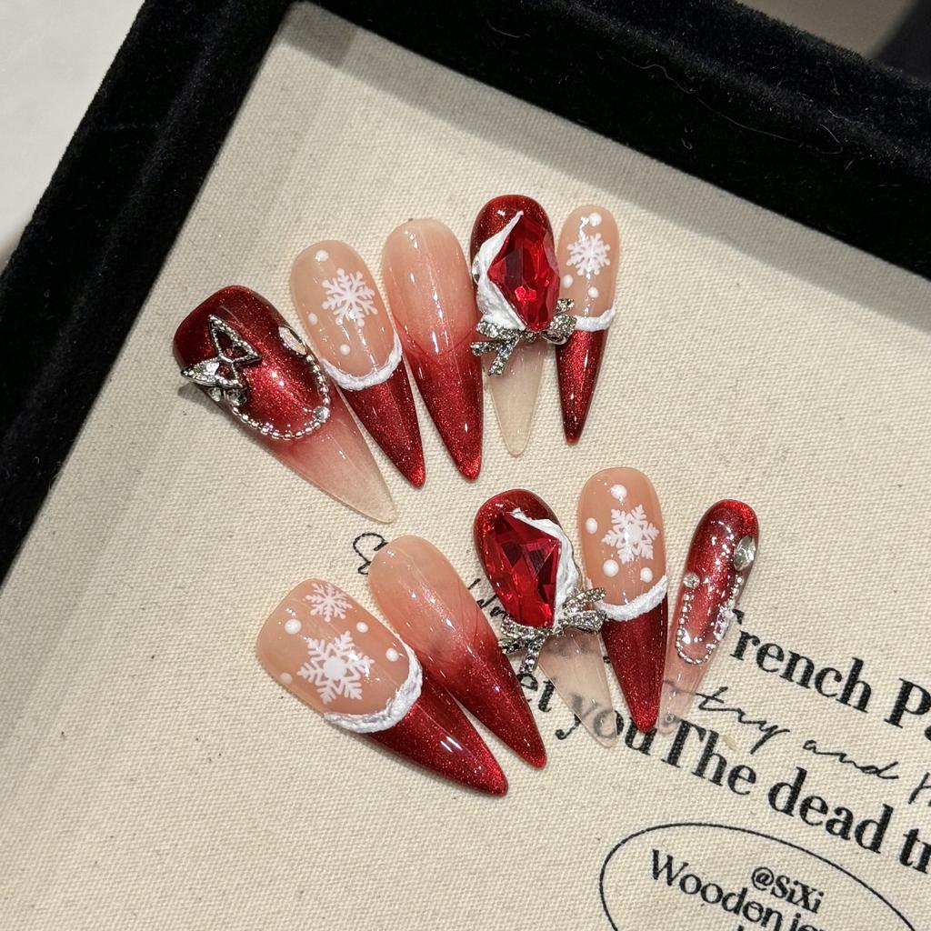 10pcs Christmas Stiletto Handmade Press on Nails Long Red Cat Eye French False Nails with 3D Rhinestone Design Fake Nail Uñas