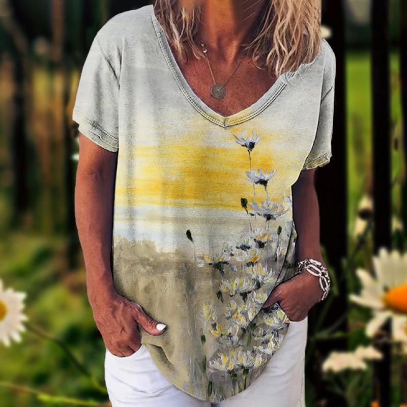 Новинка 2023 года, женская футболка, летние винтажные топы с цветочным принтом, повседневная блузка с v-образным вырезом, модный женский пуловер большого размера, женская одежда