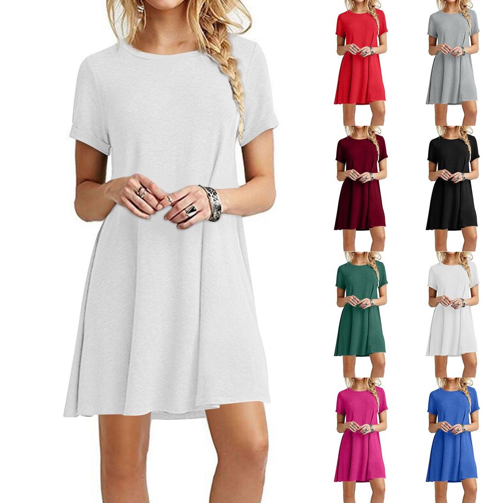 Women's Spring And Summer Round Neck Short Sleeve Large Loose Solid Color Dress