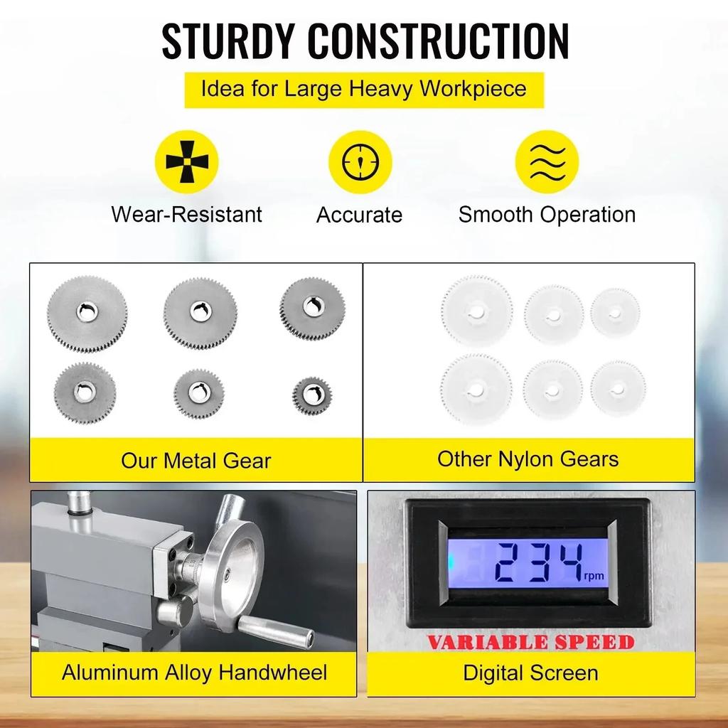 Мини-токарный станок 1100 Вт Мини-токарный станок по металлу Шпиндель 38 мм 3-кулачковый патрон 220x600 мм