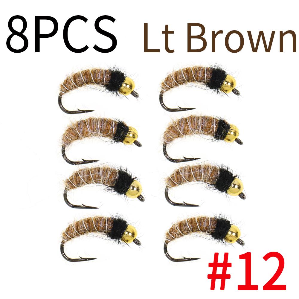 6/8 шт. 2 размеров Нимфа личинки ручейника с головкой из бусинки Реалистичный жук-бокоплав Червь для ловли форели и хариуса (Крючок с бородкой, Быстро тонущий)