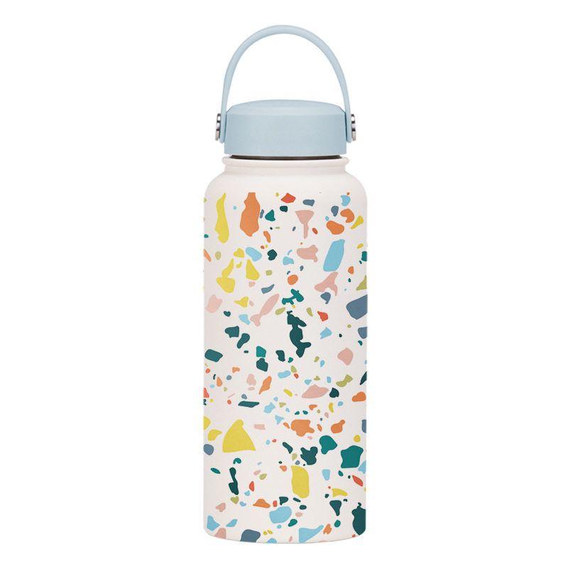 2025 New Model 1L Large Capacity Thermos Cup with Wide Mouth, Portable Handle, Sports Water Bottle, Outdoor Printed Water Cup for Women