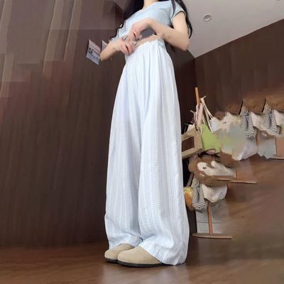 Синие ленивые повседневные клетчатые брюки с широкими штанинами для женщин - летние тонкие свободного кроя, стройнящие прямые брюки длиной до пола