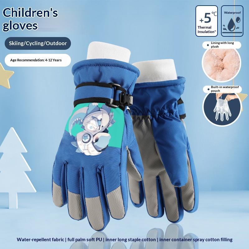 Multi Size Customized Winter Kids Unisex Ski Gloves Fleece Lined Waterproof Anti Slip Palm Cartoon Pattern Outdoor Sports