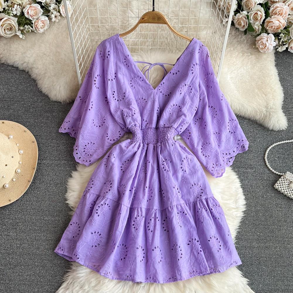 Винтажное полое платье с вышивкой и высокой талией, сказочное платье трапециевидной формы с короткими рукавами, шикарное летнее пляжное платье, женский сарафан для отпуска