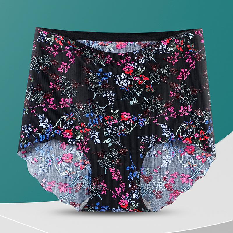 Printed Seamless High Waisted Underwear for Women Made Silk Waist Cinching Hip Lifting Design Large Size Summer Thin Cotton Crotch Triangle Panties