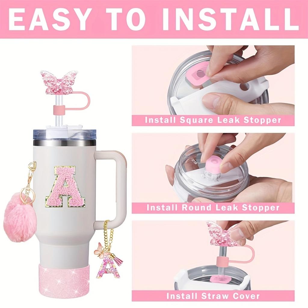 8pcs Cup Accessories for Cup 30oz 40oz Includes Butterfly Straw Cover Cap Silicone Boot Alphabet Handle Charm Initials Sticker