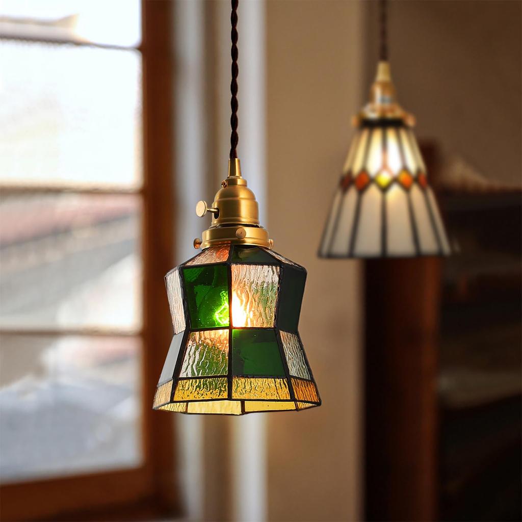 Stylish Pendant Light with Glass Shade, Brass Socket, LED Compatible (E26), Adjustable Cord, Stained Glass Design - Green and Amber (Bulb Sold
