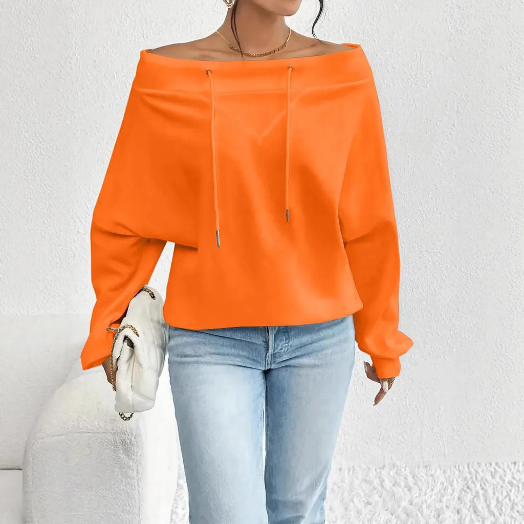 Модные женские однотонные топы с открытыми плечами и одним воротником, с длинным рукавом, повседневные, трендовые, свободные, пуловеры-толстовки на кулиске, женские