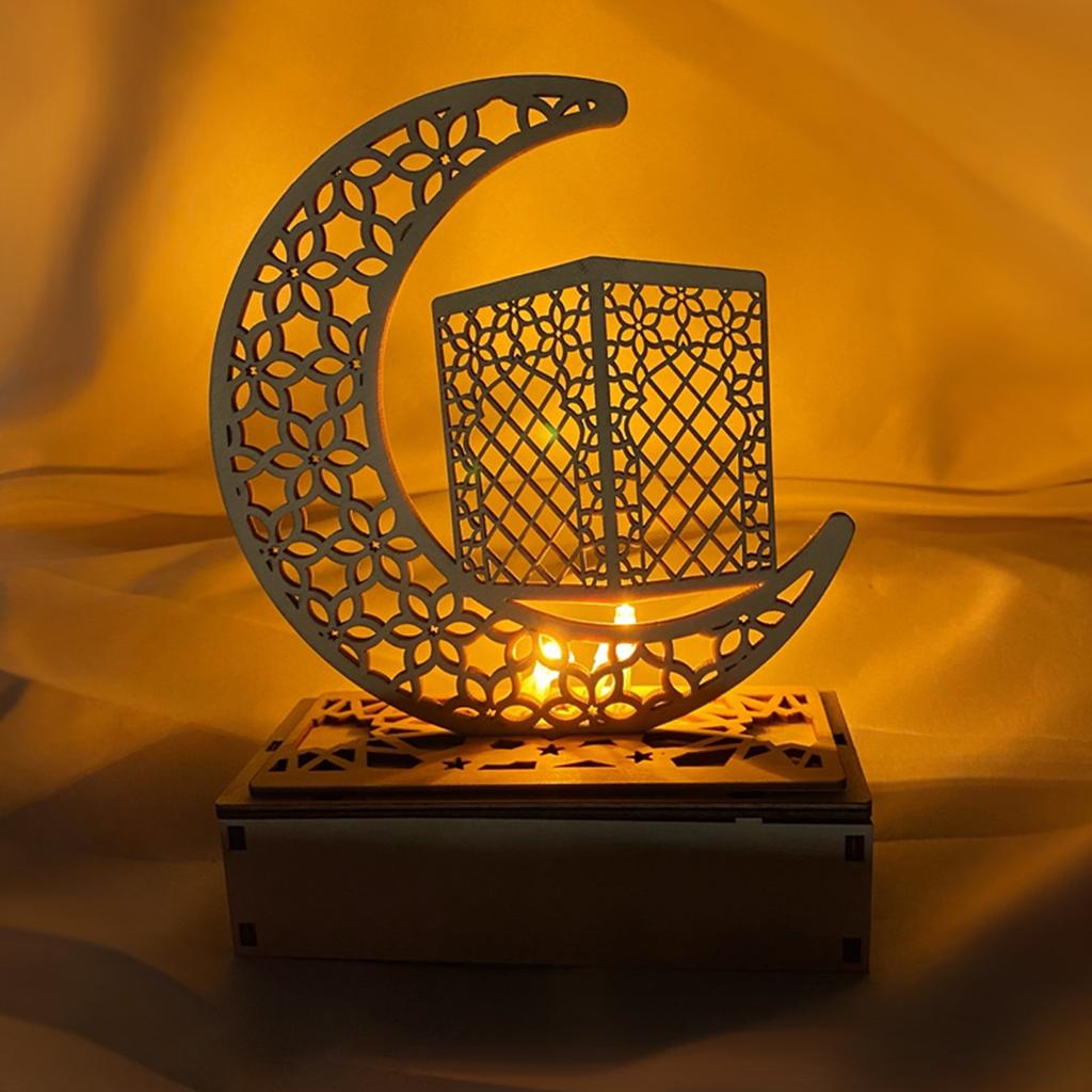 Eid Ramadan Night Lights Wooden Moon Light Ramadan Eid Mubarak Desk Lamp Crescent Party LED Fairy