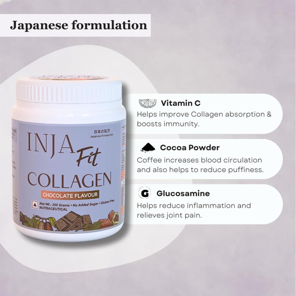 INJA Wellness Fit Marine Collagen Supplement для коллагенового порошка с витамином C, японская формула, для кожи и волос, со вкусом шоколада, 250 г