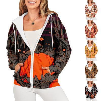 Женская повседневная мода Хэллоуин принт длинный рукав пуловер толстовки с капюшоном на молнии пальто