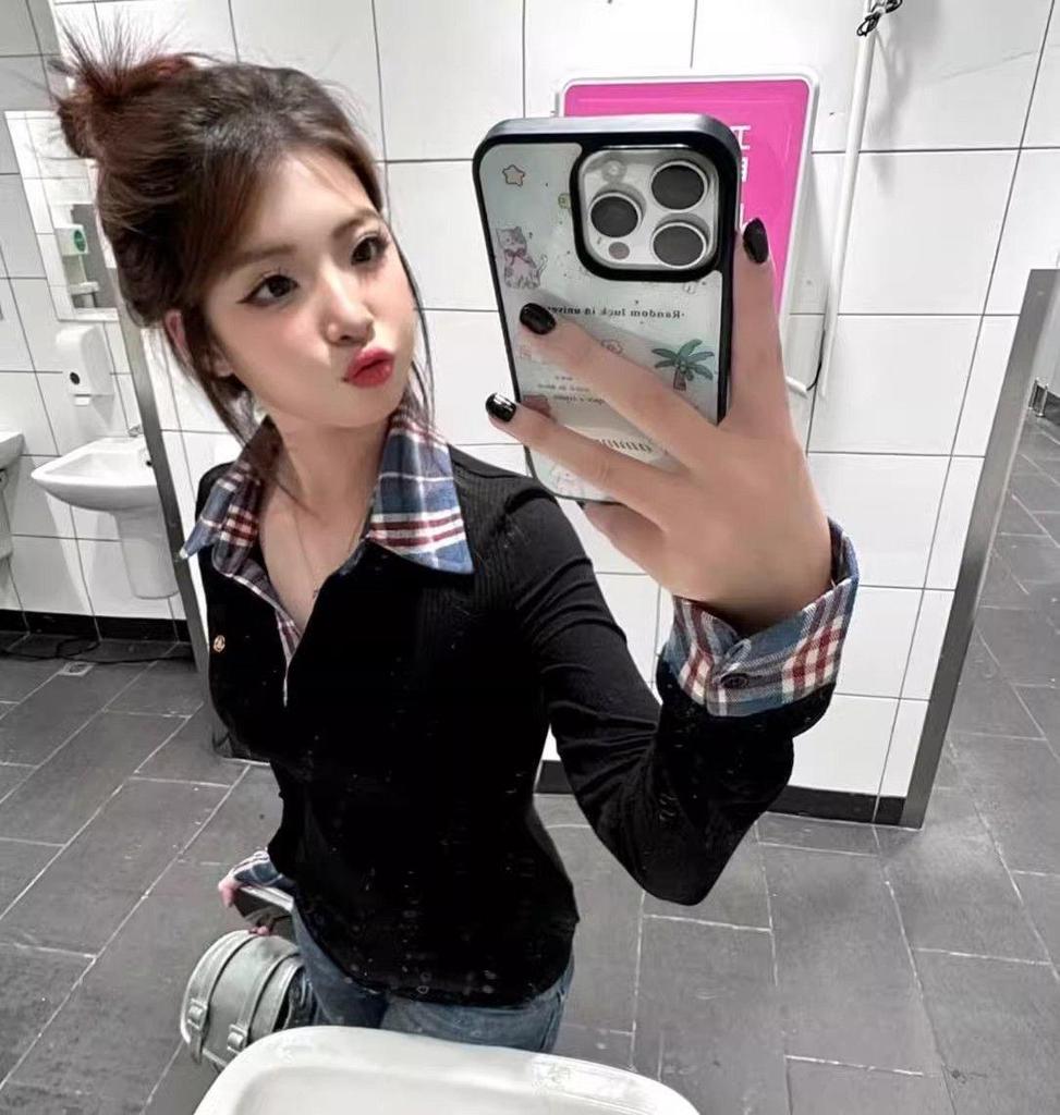 Корейский стиль, клетчатый колор-блок, поло-воротник, костюм-двойка, длинный рукав, облегающий крой, женский, миниатюрный, весенний топ