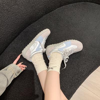 Повседневные кроссовки Осень Новые Круглый носок Колорблок Шнуровка Мягкая подошва Нескользящие Износостойкие Плоские Одинарные туфли