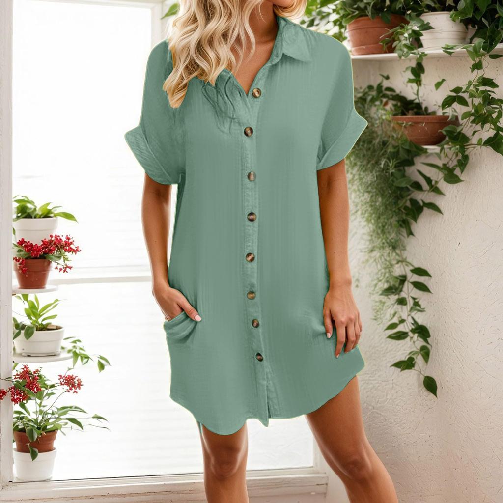Women's Casual Button-Down Shirt Dress, Short Sleeve Loose Fit Summer Beach Tunic with Pockets, Light Blue
