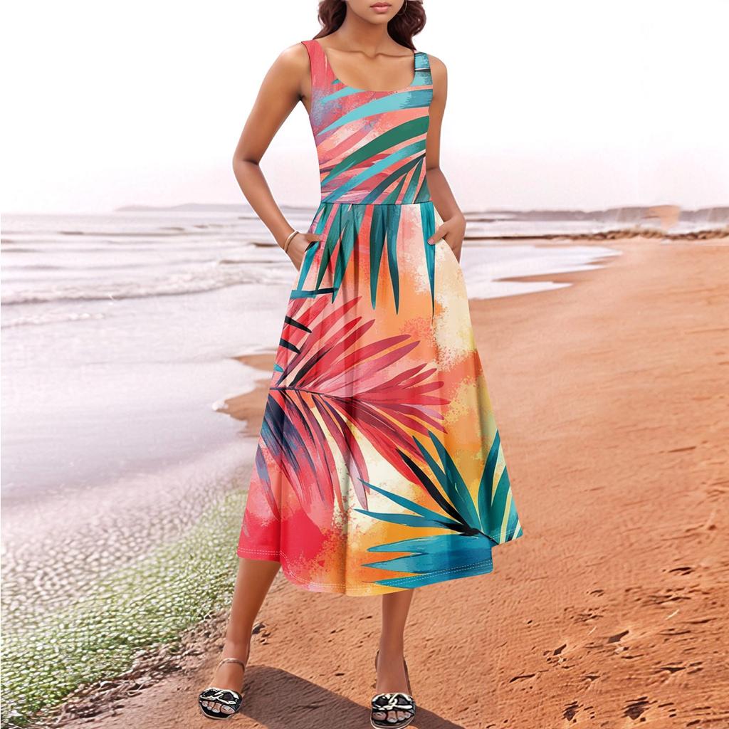 Women's  Summer Spring Casual Floral Sundress Sleeveless Beach Vacation Flowy Boho Tank Midi Dresses