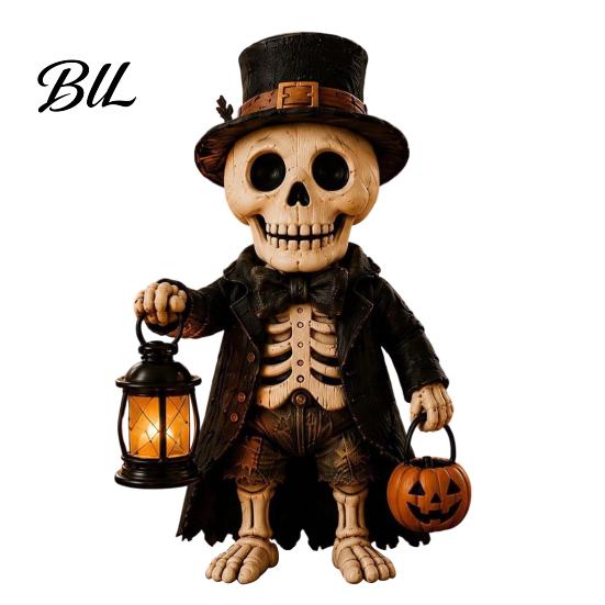 Indoor Festive Home Accents Wooden Halloween Figurine with Lantern, Pumpkin Scarecrow Skeleton Mummy Ghost Witch Artistic Carved Wood Decor