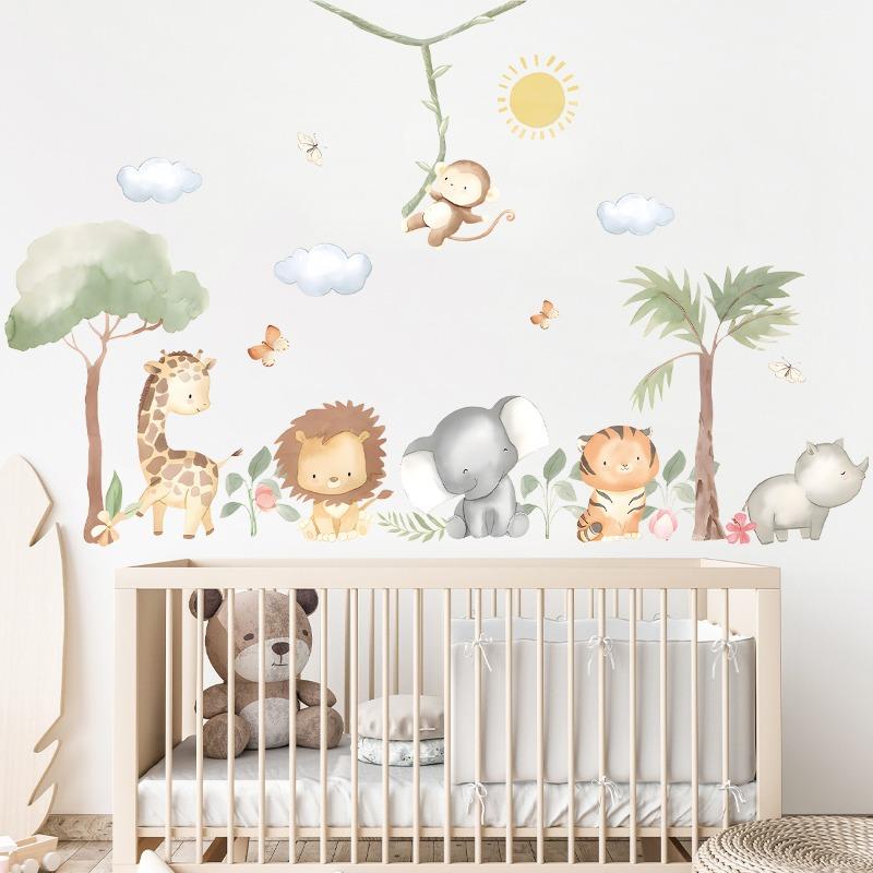 Cartoon Cute Lion Elephant Giraffe Tree Forest Animal Wall Stickers for Bedroom Living Room Nursery Decoration Wall Decals
