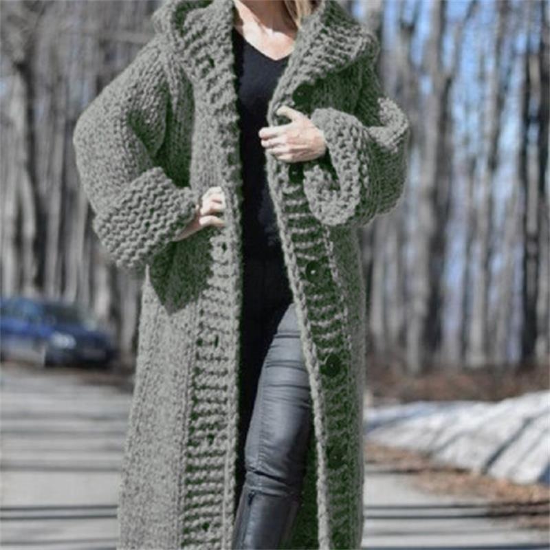 Women Knit Long Sleeve Warm Hooded Thick Cardigan Coat Winter Fashion Plus Size Knitted Sweater Ladies Long Coat Cloak Outwear