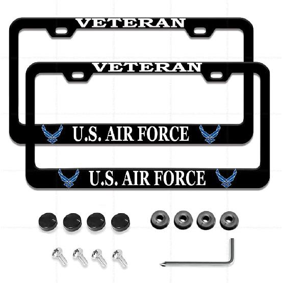 2 Pcs License Plate Frame for U.S. Army Veteran Black Matte Aluminum Car Plate Cover Holders with Screw Caps