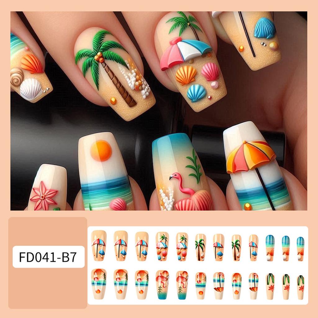 24 Pieces 3D Beach Press On Nail Medium Ballet Summer False Nail French Nail Art Tips Stick On Acrylic Nail for Women