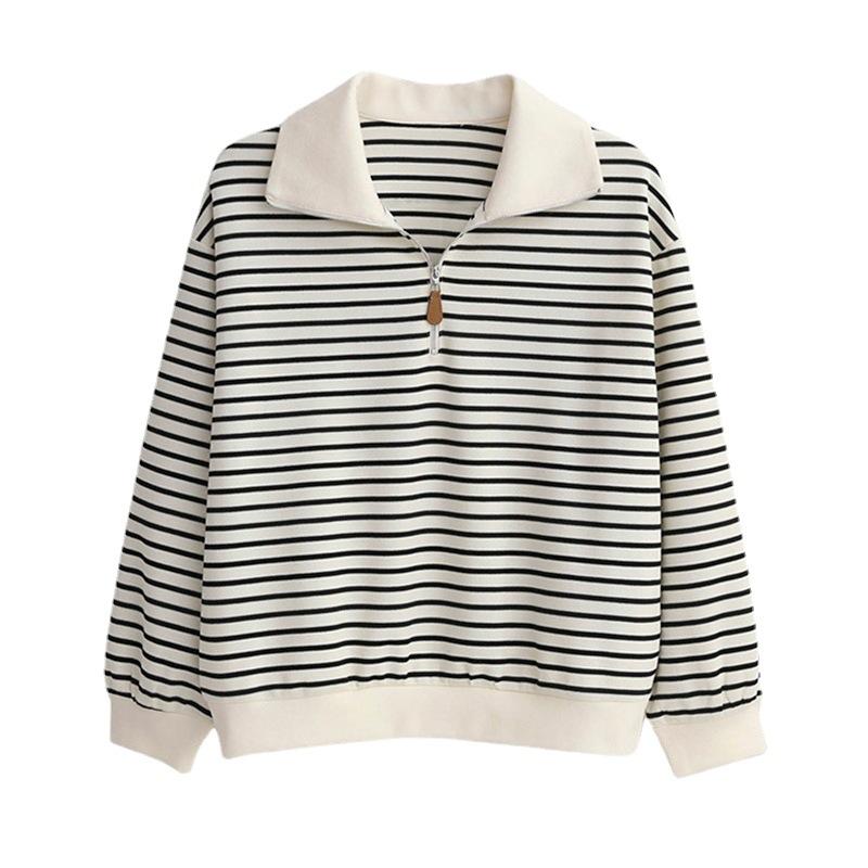 Свитшот с лацканами, женское тонкое осеннее пальто, полосатый топ с длинными рукавами, новая тенденция в виде рубашки поло на молнии
